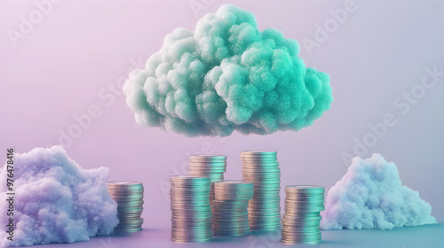 A vibrant concept of money and finance, featuring coins stacked beneath colorful clouds, symbolizing wealth and dreams. photo