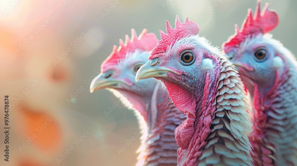 Close-up of three turkeys with detailed red and blue head textures Close-up of three turkeys with detailed red and blue head textures