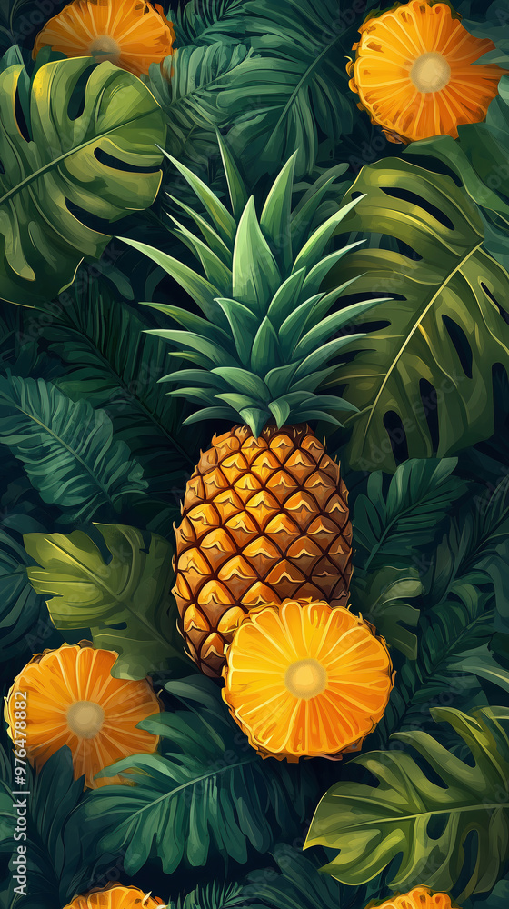 Obraz premium Pineapples fruit and green leaves phone wallpaper background