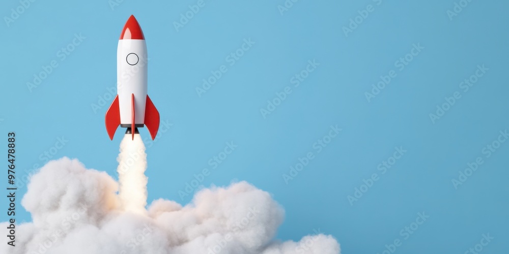 A whimsical red and white rocket launches into a bright blue sky, leaving a trail of smoke behind, symbolizing ambition, exploration, and forward momentum. A whimsical red and white rocket launches into a bright blue sky, leaving a trail of smoke behind, symbolizing ambition, exploration, and forward momentum.
