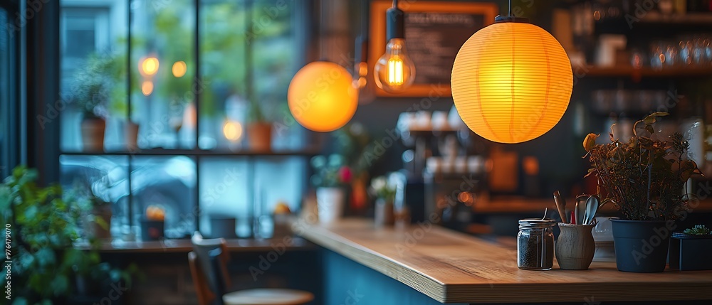 Warm lighting illuminates a cafe counter with wooden surface and potted plant. Warm lighting illuminates a cafe counter with wooden surface and potted plant.