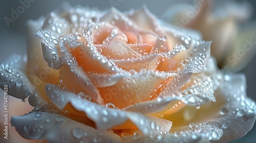 Close-up of a delicate peach rose with water droplets on its petals.