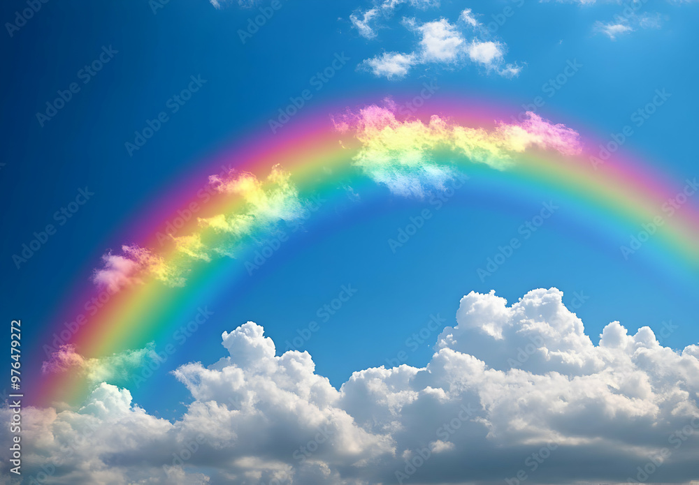 A vibrant rainbow arcs across a clear blue sky, surrounded by fluffy white clouds, symbolizing peace and beauty in nature. A vibrant rainbow arcs across a clear blue sky, surrounded by fluffy white clouds, symbolizing peace and beauty in nature.