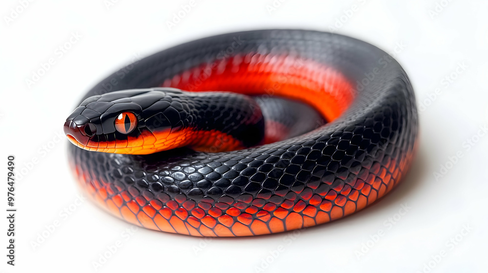 A vibrant snake coiled elegantly, showcasing striking black and orange patterns on its scales. A vibrant snake coiled elegantly, showcasing striking black and orange patterns on its scales.