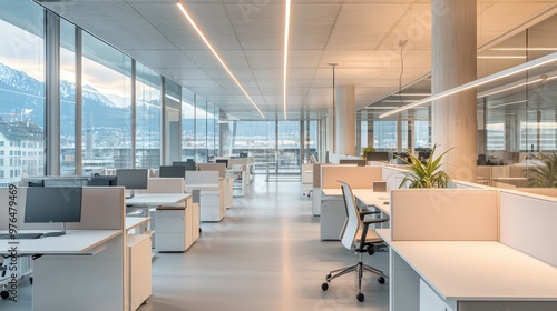 Clean Zurich office blur with white desks in a minimalist Swiss style.