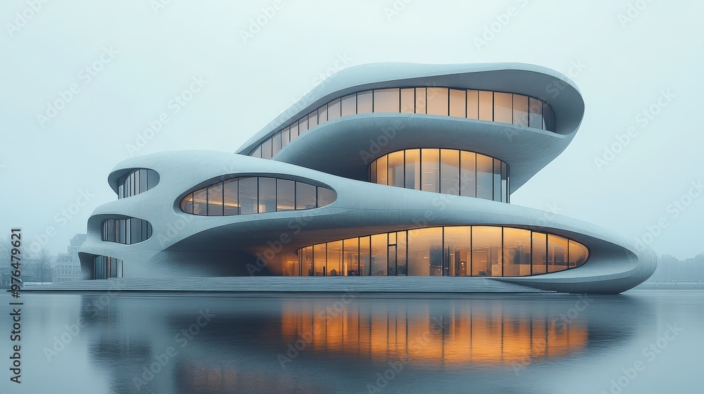Futuristic modern architectural building with smooth curves and large windows illuminated at dusk, reflecting on calm water. Futuristic modern architectural building with smooth curves and large windows illuminated at dusk, reflecting on calm water.