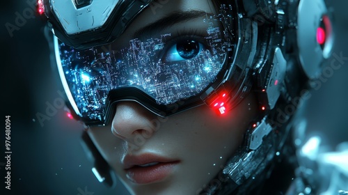 Futuristic woman with advanced cyber technology. Close-up of face in neon lights wearing high-tech visor and helmet. Sci-fi concept. photo