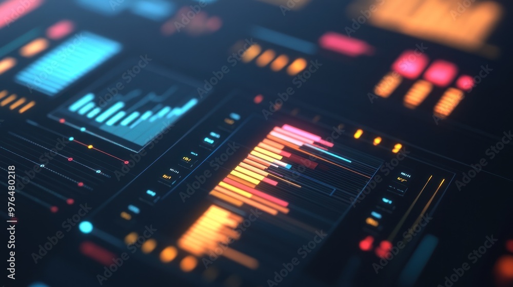 A close-up of a modern digital display showing colorful data charts and graphs with a sleek, minimalist interface A close-up of a modern digital display showing colorful data charts and graphs with a sleek, minimalist interface