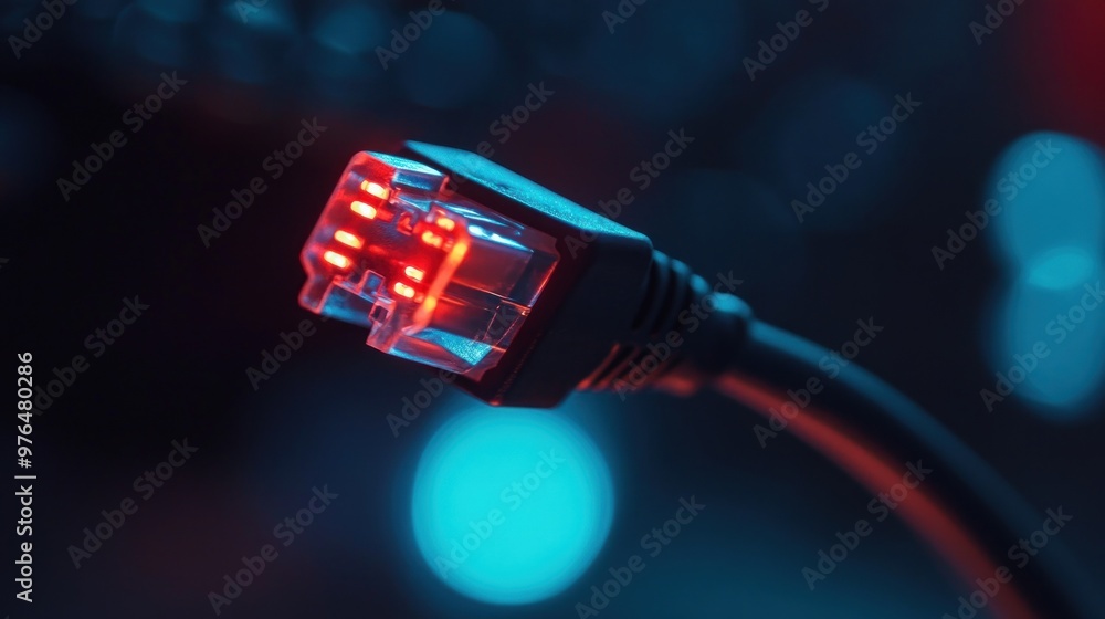 © somchai20162516 - A close-up of an ethernet cable being plugged into a port, symbolizing wired internet connectivity