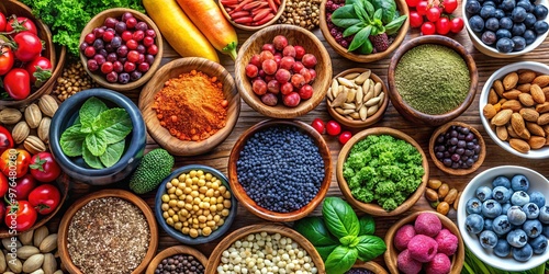 A vibrant display of healthy food selection including superfoods, berries, nuts, and seeds