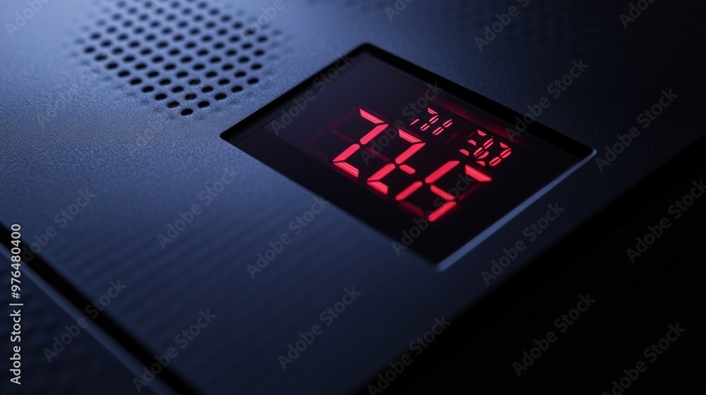 A detailed shot of a digital display on a modern clock, showing time, date, and alarm settings with a sleek design A detailed shot of a digital display on a modern clock, showing time, date, and alarm settings with a sleek design