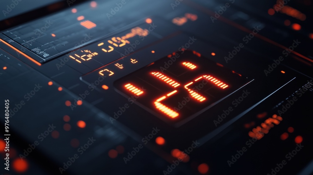 A detailed shot of a digital display on a modern clock, showing time, date, and alarm settings with a sleek design A detailed shot of a digital display on a modern clock, showing time, date, and alarm settings with a sleek design