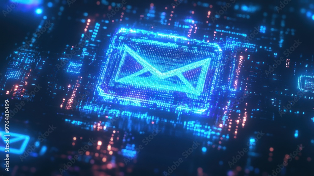 A detailed view of an email icon floating in a digital environment, representing communication through the internet A detailed view of an email icon floating in a digital environment, representing communication through the internet