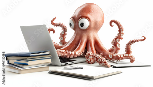 A whimsical octopus working on a laptop surrounded by books and stationery, symbolizing creativity and curiosity. photo