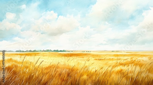 Fototapeta Naklejka Na Ścianę i Meble -  Watercolor painting of a golden field with a blue sky and white clouds.