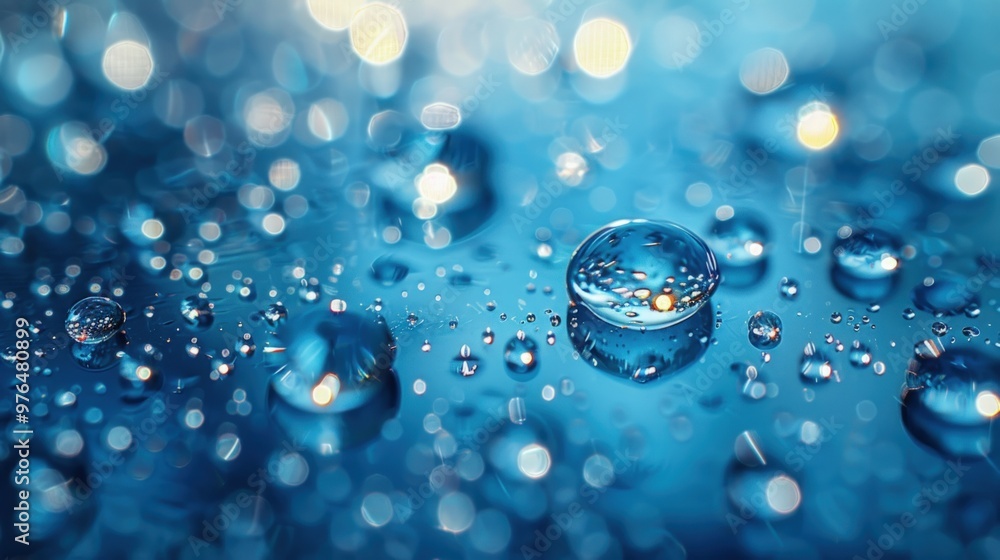 Abstract background with water droplets on a blue surface, creating a shimmering and glistening effect with bokeh lights. Abstract background with water droplets on a blue surface, creating a shimmering and glistening effect with bokeh lights.