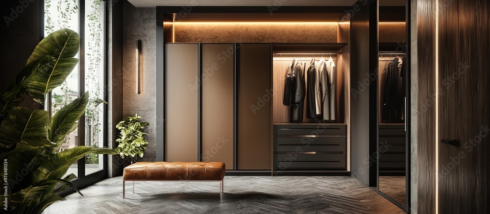 Earth-toned hallway with sleek wardrobe and minimalist Italian design. Earth-toned hallway with sleek wardrobe and minimalist Italian design.