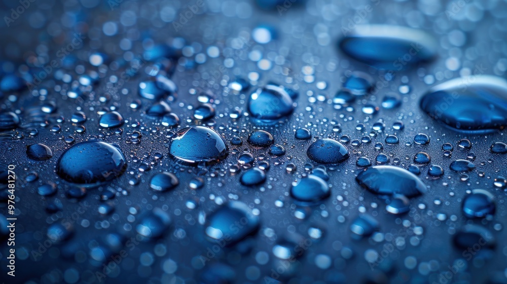 Macro shot of water droplets on a blue surface. Macro shot of water droplets on a blue surface.