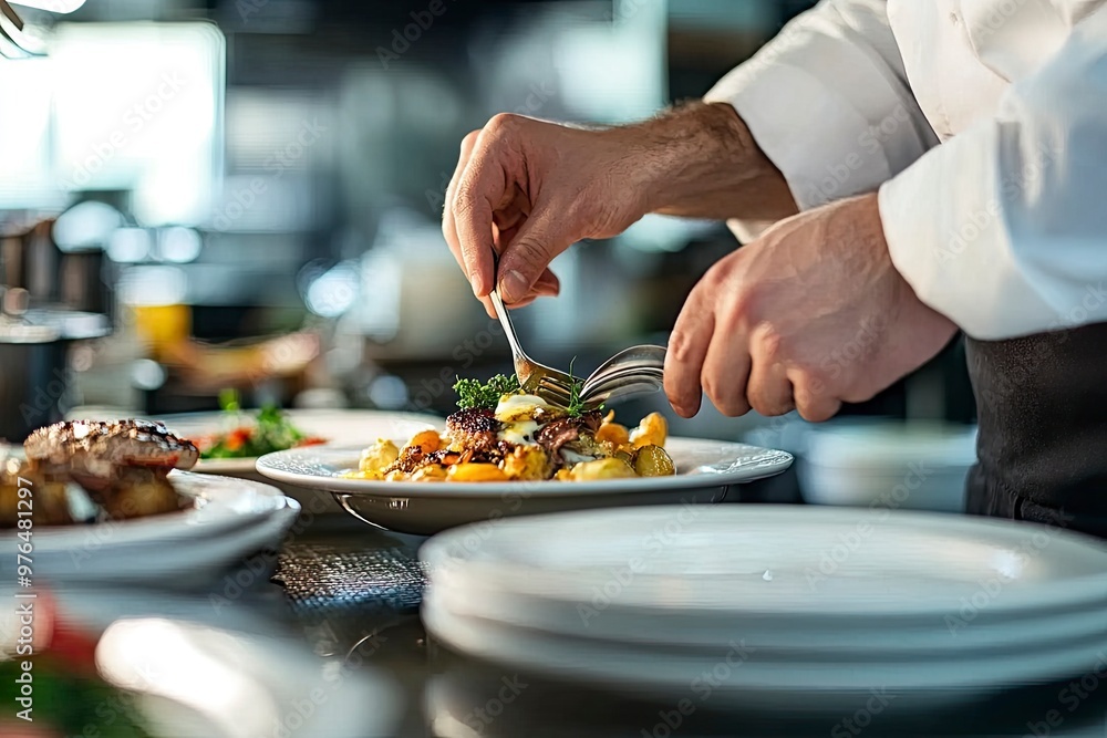 Close up of chef serving a dish in restaurant , ai Close up of chef serving a dish in restaurant , ai