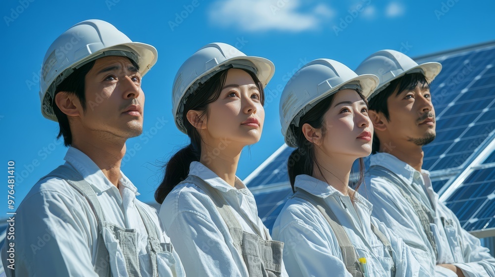 Group of engineers in hard hats working on a solar panel project, symbolizing teamwork and renewable energy development. Group of engineers in hard hats working on a solar panel project, symbolizing teamwork and renewable energy development.