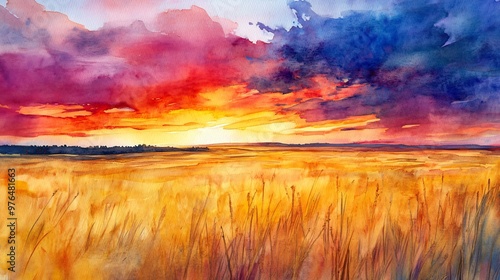 Watercolor painting of a golden sunset over a grassy field.