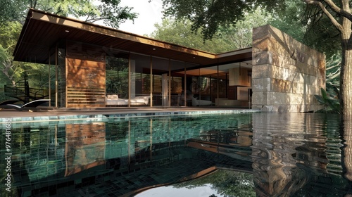 Modern House with Pool and Lush Greenery