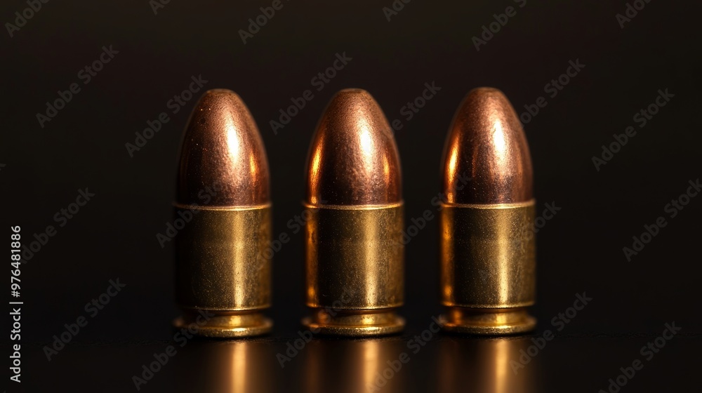 Three 9mm hollow point gun shells handgun ammunition with black background with focus on middle bullet Three 9mm hollow point gun shells handgun ammunition with black background with focus on middle bullet