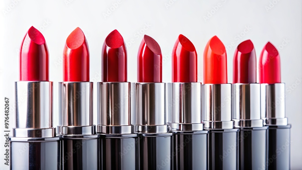 Row of vibrant red lipsticks in various shades on a white background Row of vibrant red lipsticks in various shades on a white background