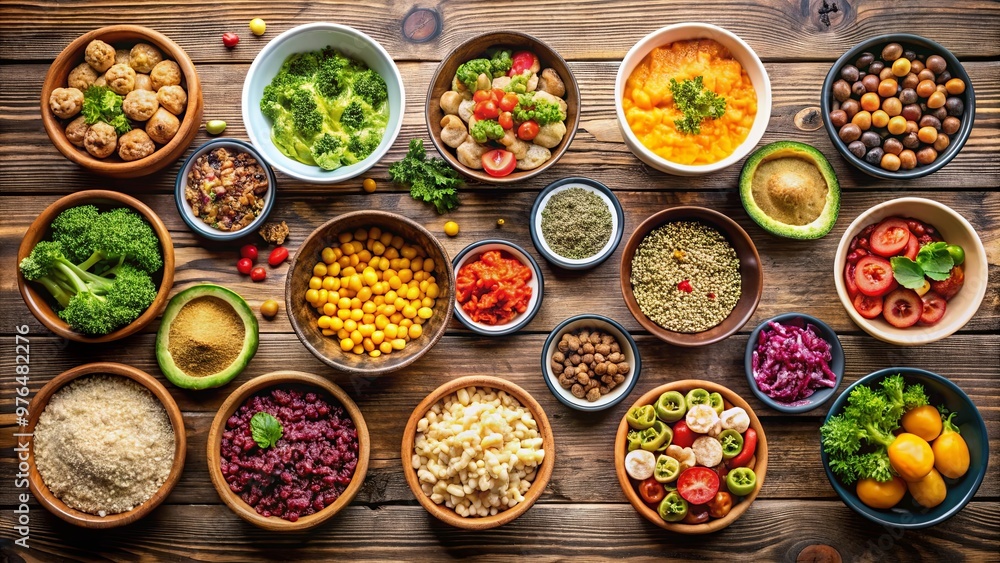 A table filled with assorted food bowls for a diverse dining experience A table filled with assorted food bowls for a diverse dining experience