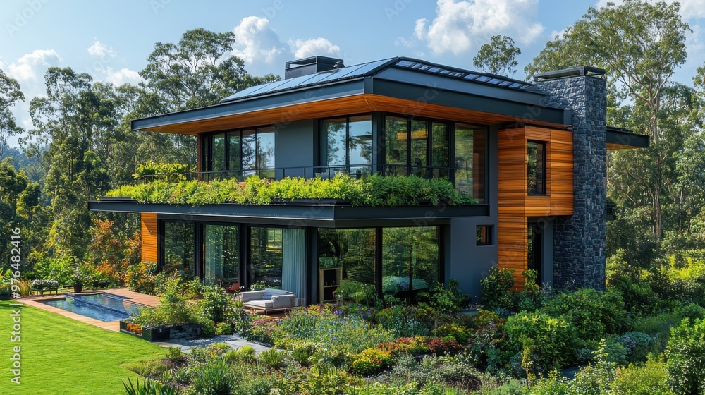 Modern Eco-Friendly Home with Solar Panels in Lush Garden Setting Embracing Sustainable Living Modern Eco-Friendly Home with Solar Panels in Lush Garden Setting Embracing Sustainable Living