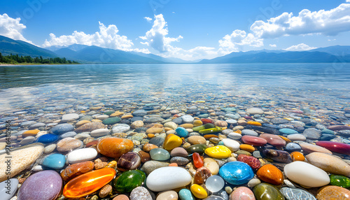 The sea is full of colorful pebbles, and the pebble beach on both sides is covered with many colored glass stones