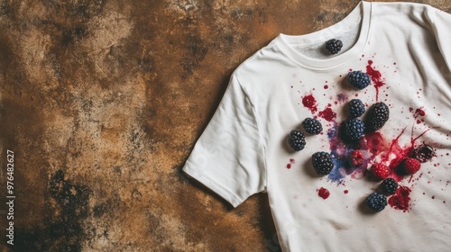 Dirty stains on a white T-shirt from berries and drink on brown background. photo