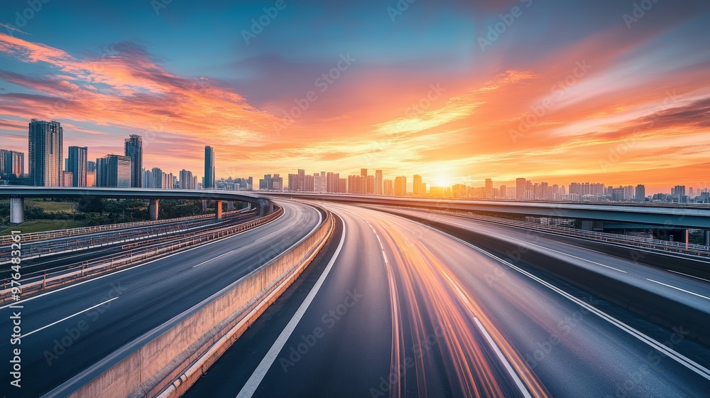 Highway overpass motion blur with city skyline background . Sunset scene . Highway overpass motion blur with city skyline background . Sunset scene .
