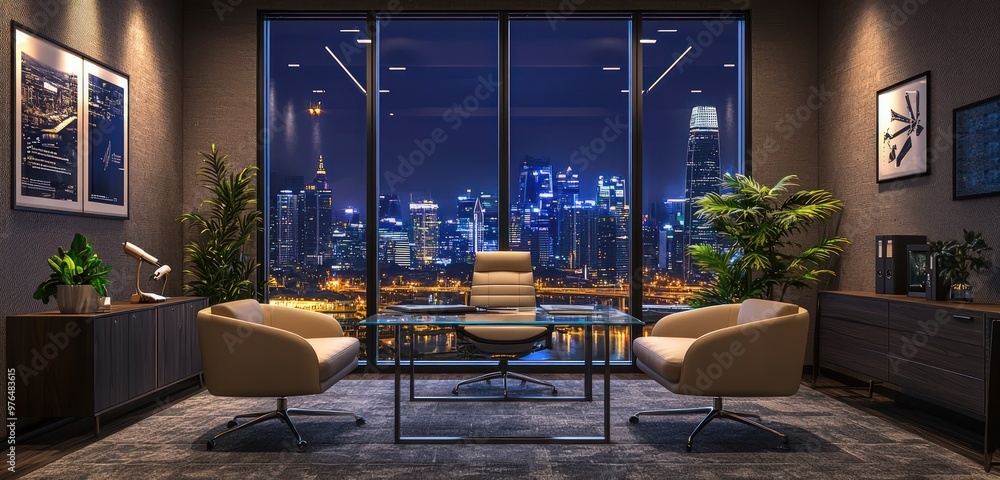 Fototapeta premium High-end chic office space with clear windows, taupe walls, and breathtaking nighttime skyline view.