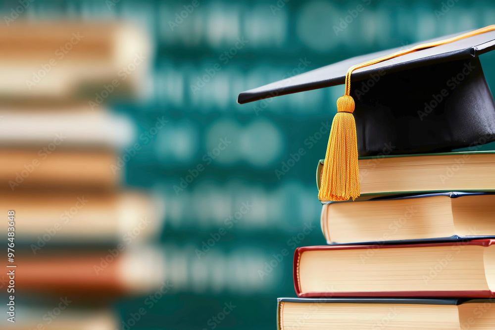 A stack of academic books topped with a black graduation cap and gold ...