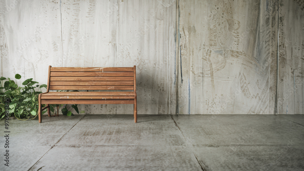 A clean background with a lot of negative space, featuring a wooden bench with a few scratches. The bench is placed on a smooth, gray concrete floor. There is a green plant pot on the ground A clean background with a lot of negative space, featuring a wooden bench with a few scratches. The bench is placed on a smooth, gray concrete floor. There is a green plant pot on the ground