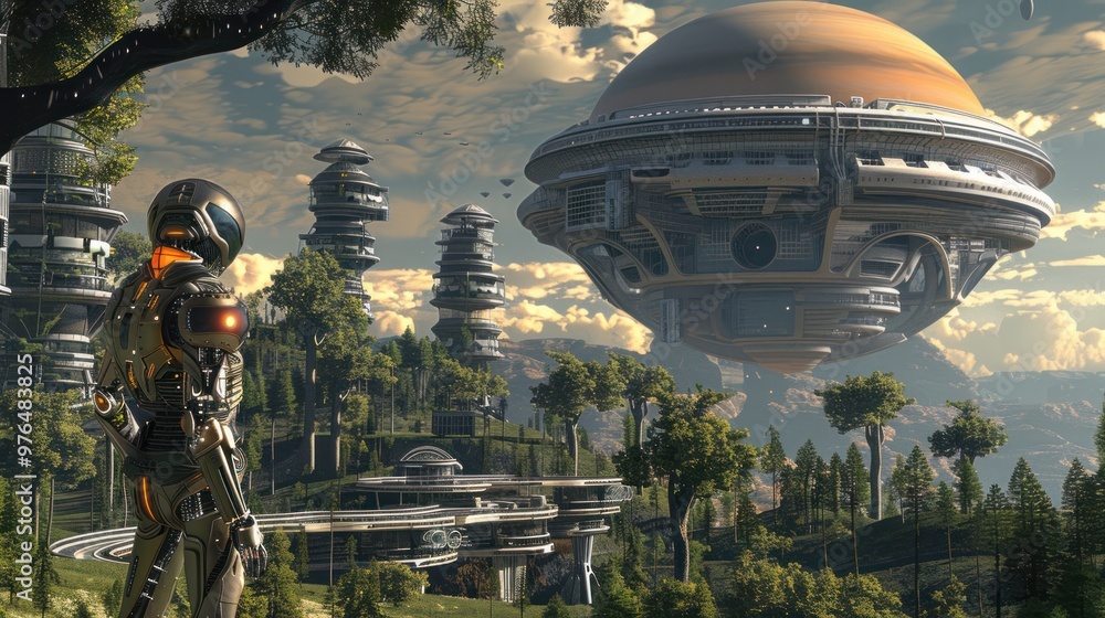 Futuristic Cityscape with a Robot and Flying Spaceship Futuristic Cityscape with a Robot and Flying Spaceship