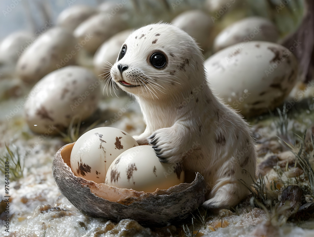 Cute seal pup surrounded by eggs, representing innocence and wildlife ...