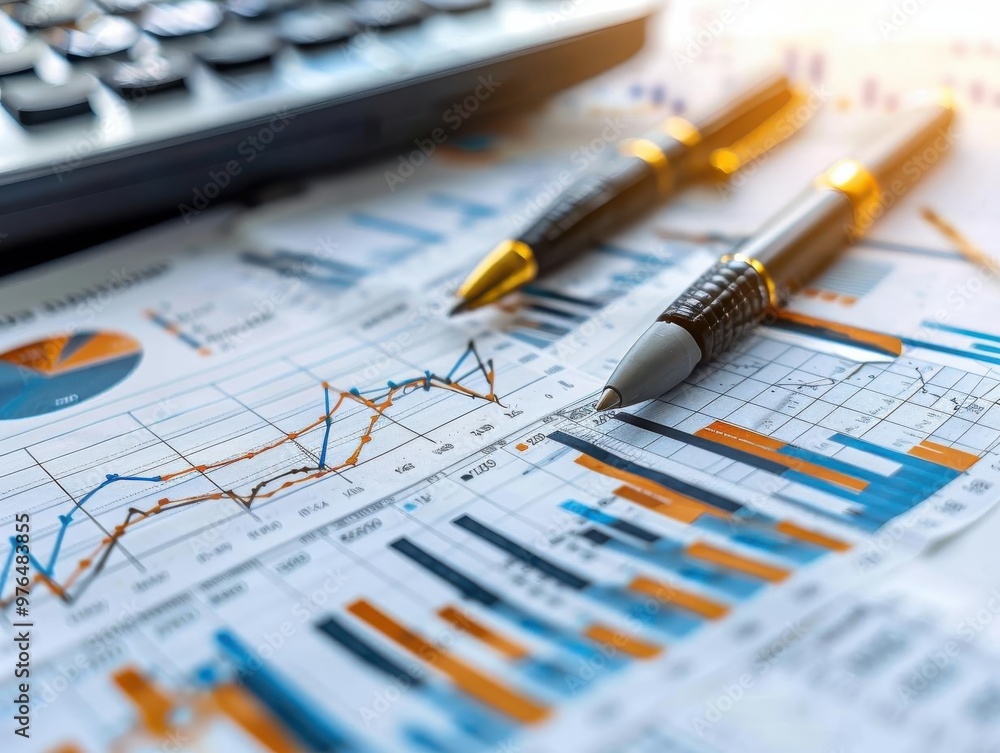 Close-up of financial reports with charts, pens, and a calculator, representing data analysis and business statistics. Close-up of financial reports with charts, pens, and a calculator, representing data analysis and business statistics.
