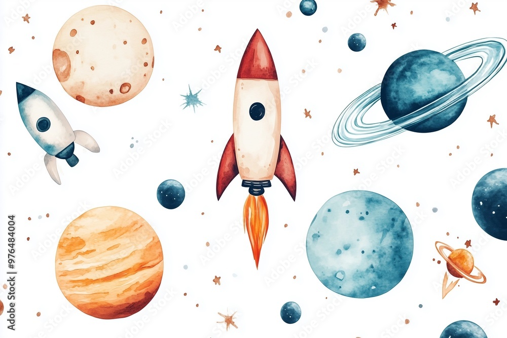 Naklejka premium Space-Themed Watercolor with Rockets, Planets, and Astronomy Symbols