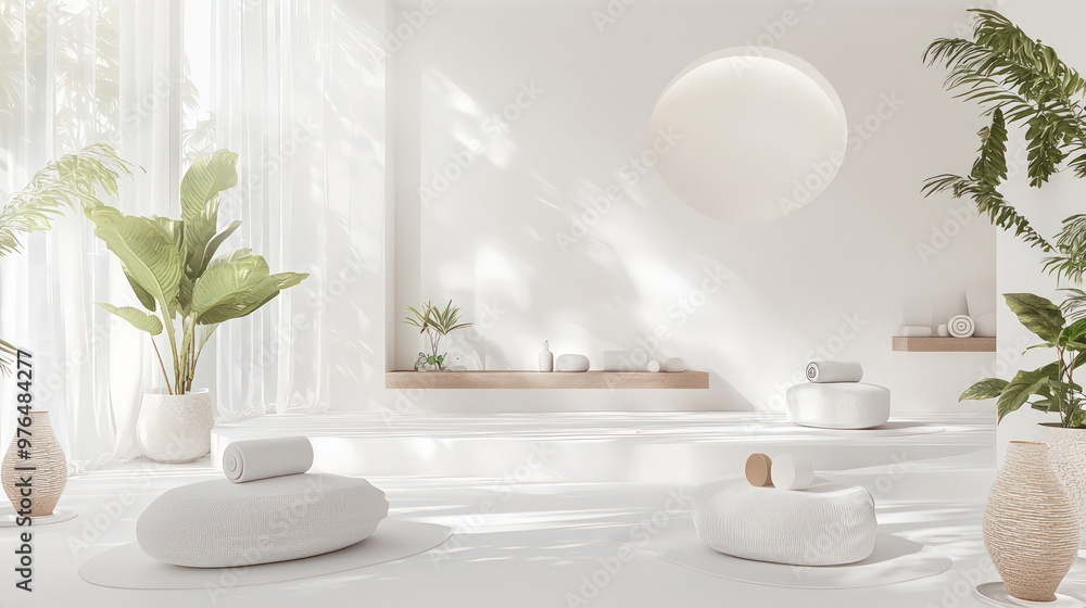 Seoul-inspired tranquil yoga room with slate walls and minimalist luxury.