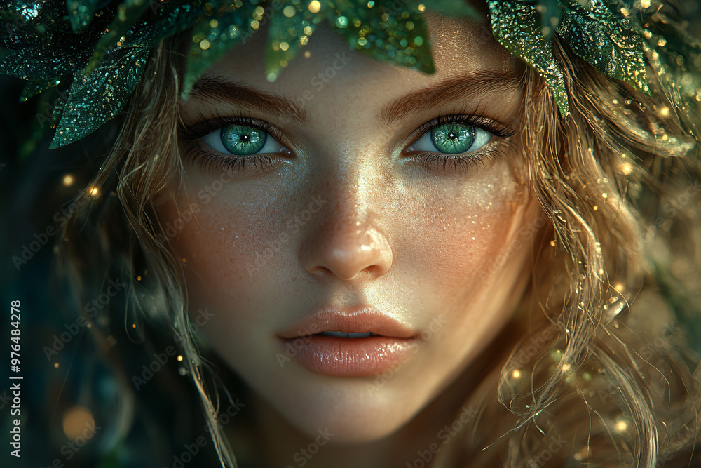 A serene and enchanting close-up portrait of a fairy-like woman wearing an intricate leaf crown, set against a mystical forest background with ethereal soft lighting and luminous glows.... A serene and enchanting close-up portrait of a fairy-like woman wearing an intricate leaf crown, set against a mystical forest background with ethereal soft lighting and luminous glows....