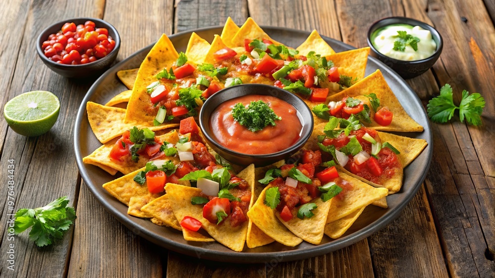 Plate of loaded nachos with salsa and sauce dip on the side Plate of loaded nachos with salsa and sauce dip on the side