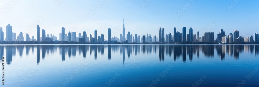 Fototapeta premium A breathtaking city skyline with modern skyscrapers reflecting in a calm body of water during sunrise, symbolizing the beauty and tranquility of urban life and architecture.