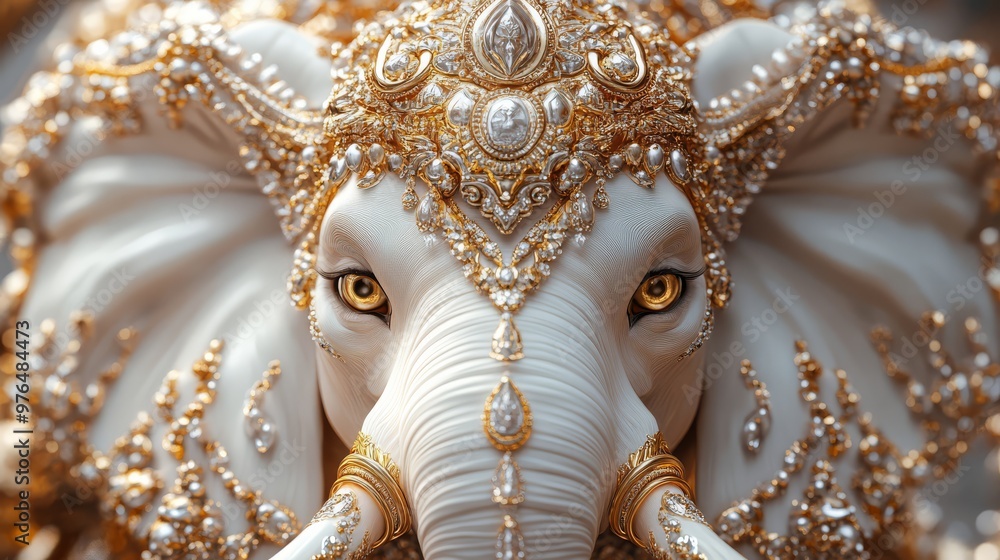 custom made wallpaper toronto digitalMagnificent white elephant adorned with intricate golden jewelry and pearls, creating a stunning regal appearance in a fantasy setting.