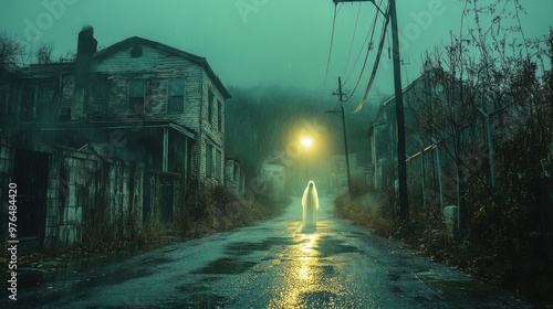 Fototapeta Naklejka Na Ścianę i Meble -  Eerie Ghostly Presence on Desolate Small Town Street at Night with Flickering Light