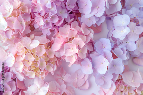 A closeup photo of pink and purple hydrangea flowers showcasing their delicate petals and vibrant colors. Ideal for creating beautiful floralthemed designs and backgrounds photo