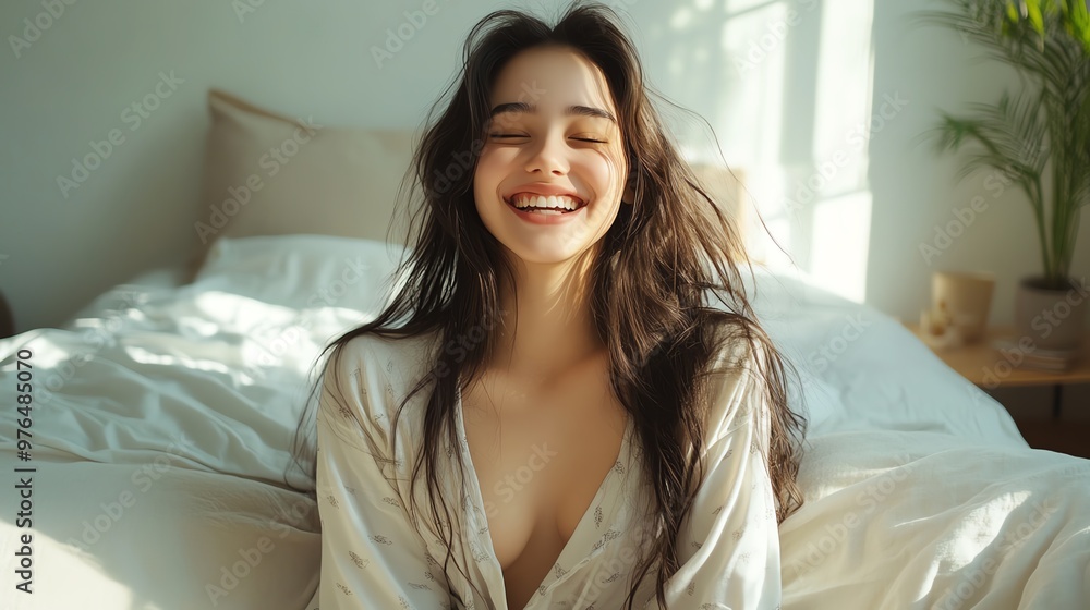 Joyful woman smiling effortlessly in a cozy bedroom, radiating warmth and comfort under soft sunlight. Joyful woman smiling effortlessly in a cozy bedroom, radiating warmth and comfort under soft sunlight.