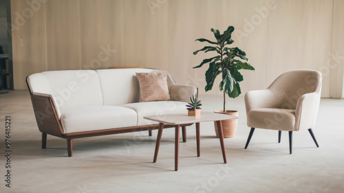 A photo of a modern living room. There's a white sofa with a wooden base, a beige chair, a small coffee table, and a potted plant. The room has a clean background with a lot of negative space.