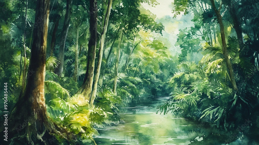 Obraz premium Watercolor painting of a lush green forest with a stream running through it.
